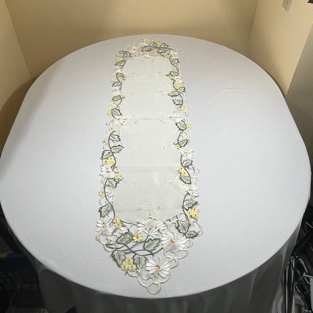 WMG Table Runner Home 57x14 White Yellow Green Embroidered Daisy Floral Lace